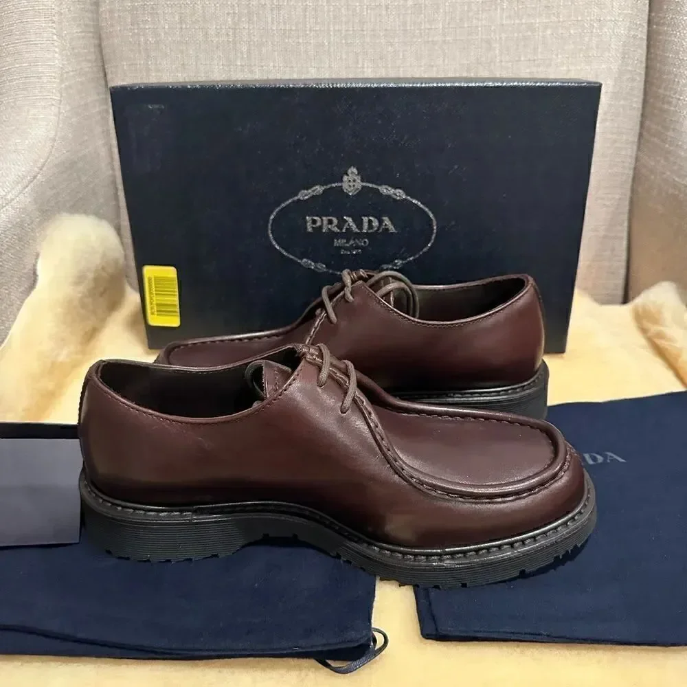 Prada Men’s brushed leather lace-up men’s shoes loafers Sz US 7,5/EU 40.5-41 NIB